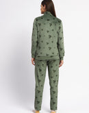 mSECRET Typography Adorned  Zipped Top and Bottom Green Cotton Night Suit