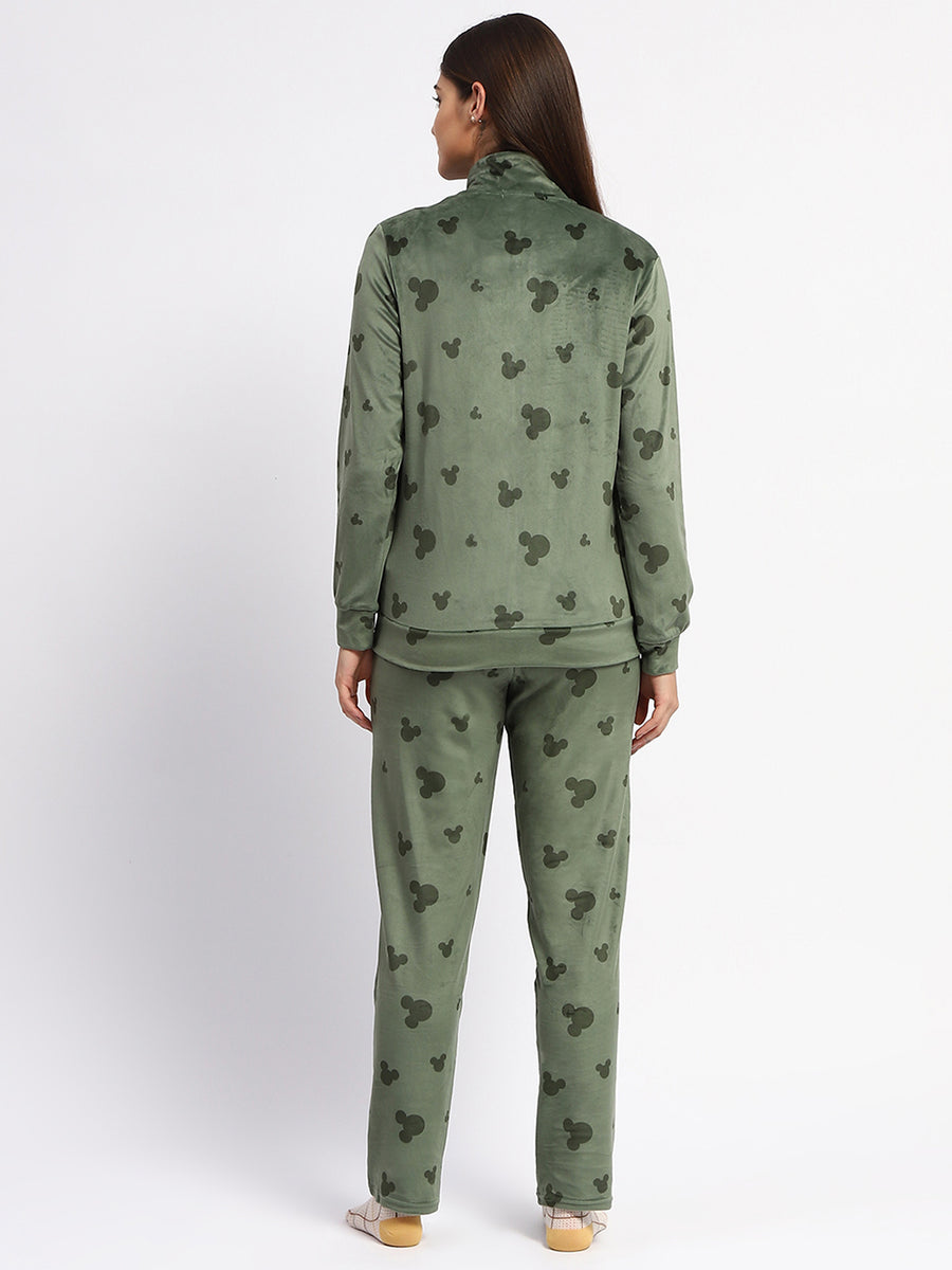 mSECRET Typography Adorned  Zipped Top and Bottom Green Cotton Night Suit