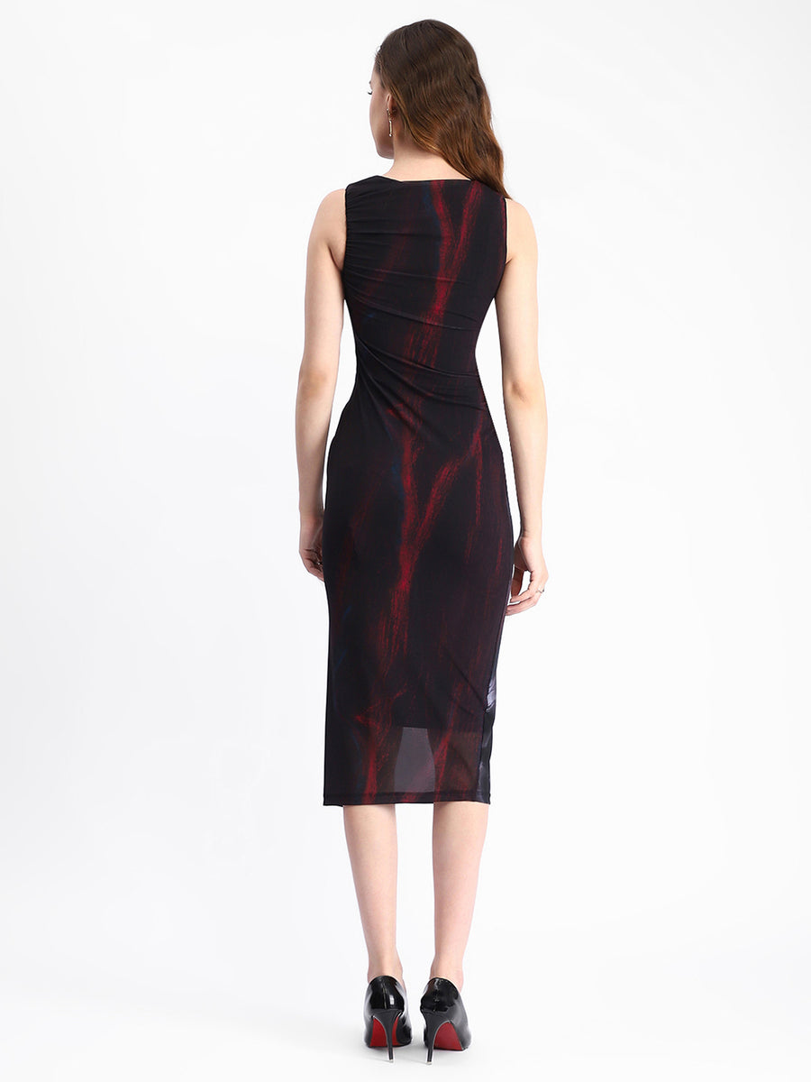 Madame Black Bodycon Abstract Print Ruched Midi Mesh Dress