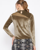 Madame Band Neck Sew Detailed Swarovski Embellished Olive Velvet Top