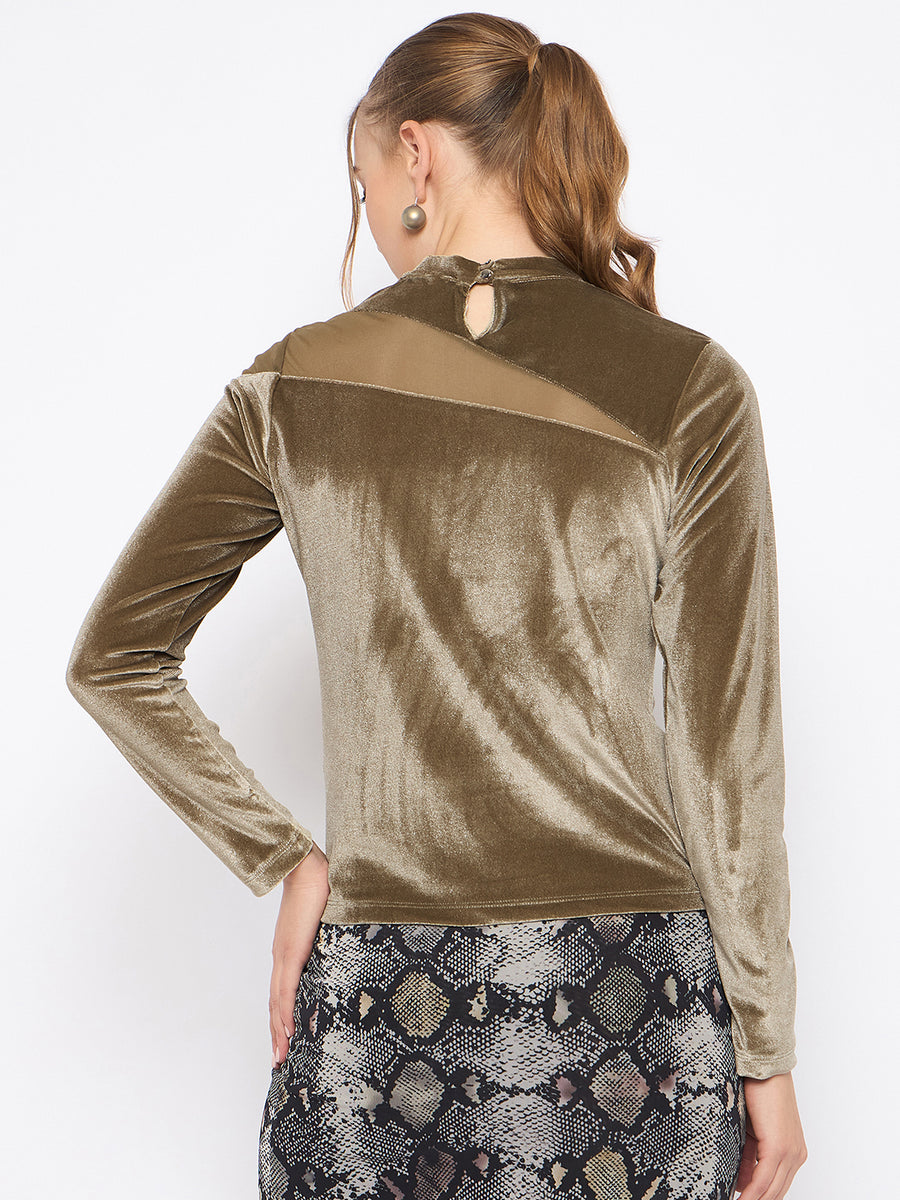 Madame Band Neck Sew Detailed Swarovski Embellished Olive Velvet Top