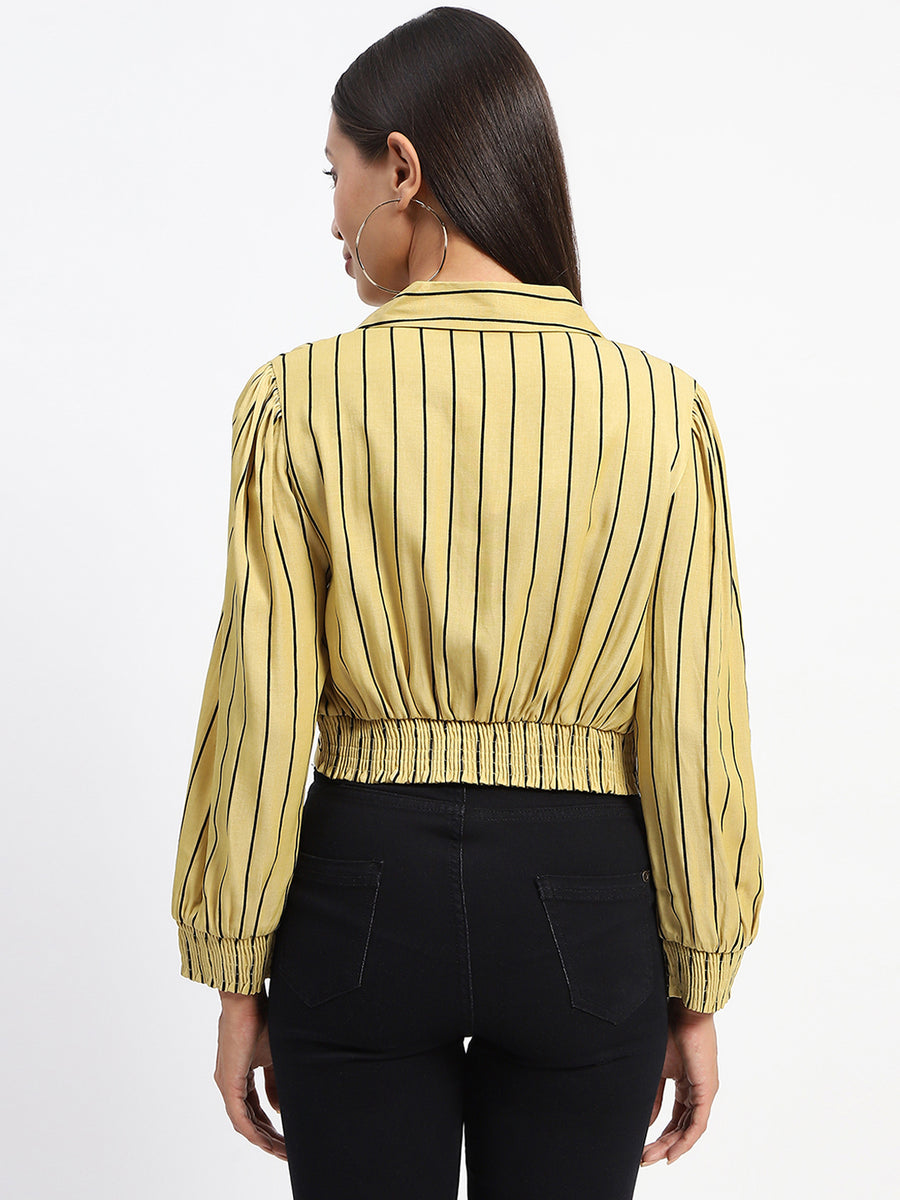 Madame Self Belted Waist Striped Yellow Shirt