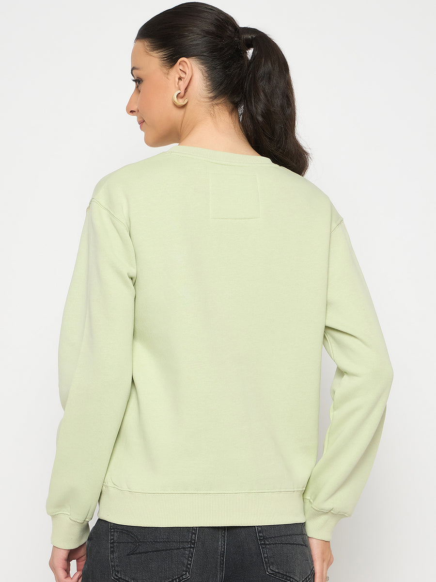 Madame Cotton Blend Solid Apple Green Sweatshirt