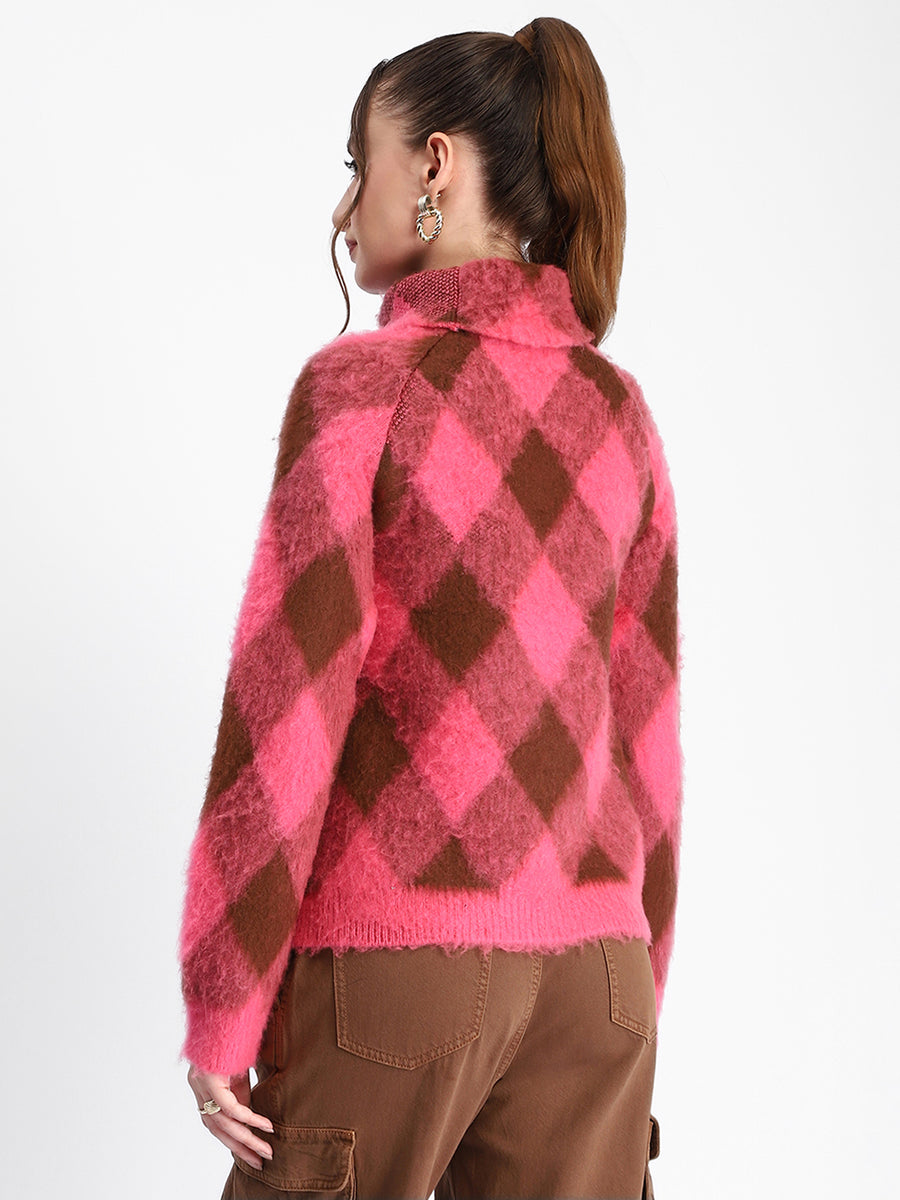 Madame Geometric Print Turtleneck Pink Sweater