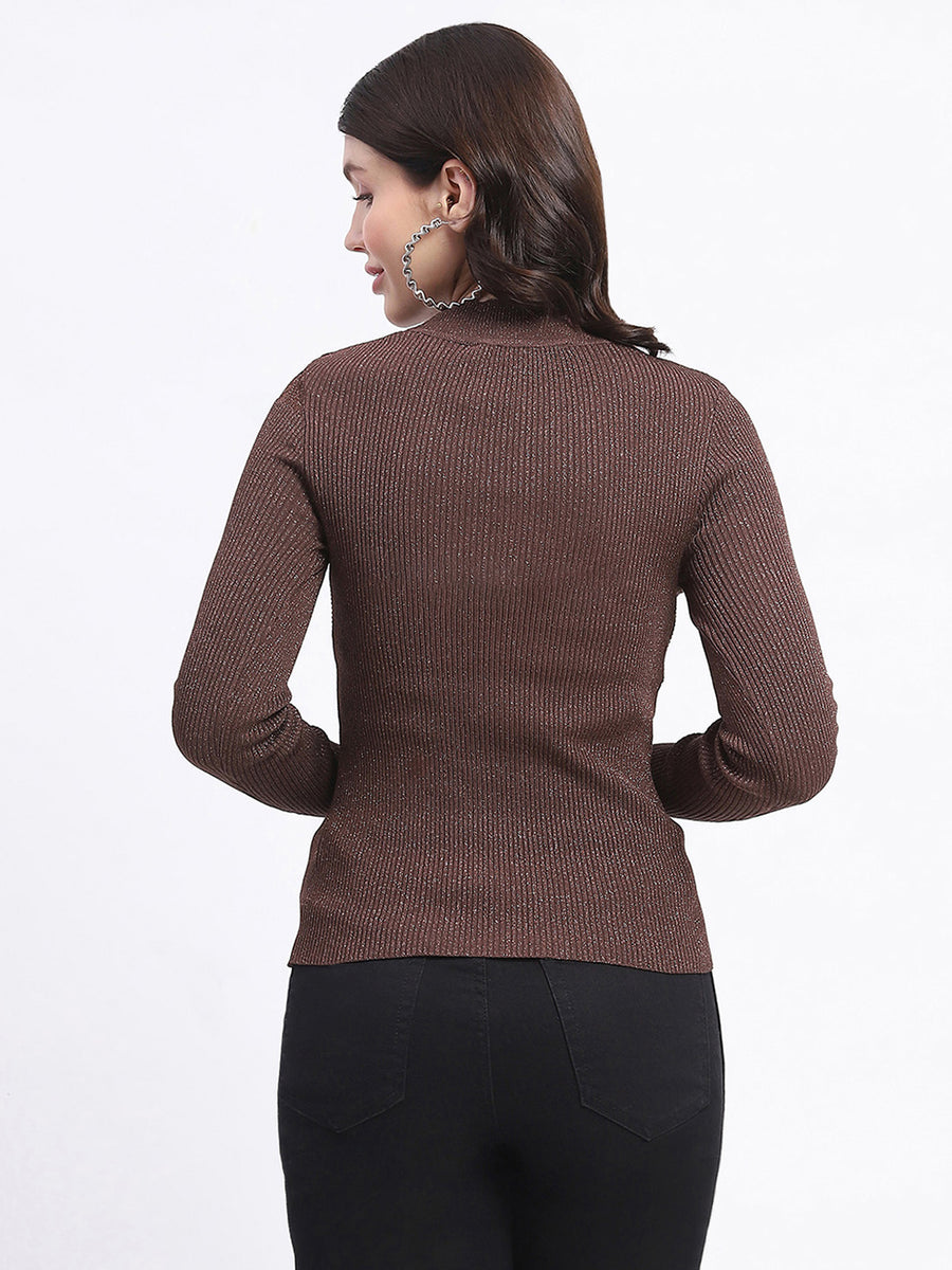 Madame Shimmery Mock Neck Wrap Brown Sweater