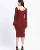 Madame Brick Red Knit Midi Dress with Flounce Sleeves