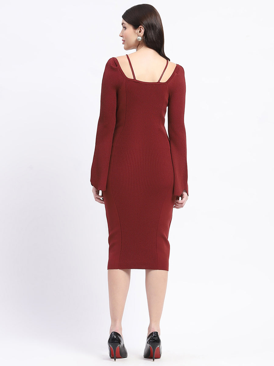 Madame Brick Red Knit Midi Dress with Flounce Sleeves