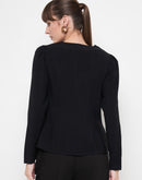 Madame Swarovski Detailed V Neck Solid Black Top