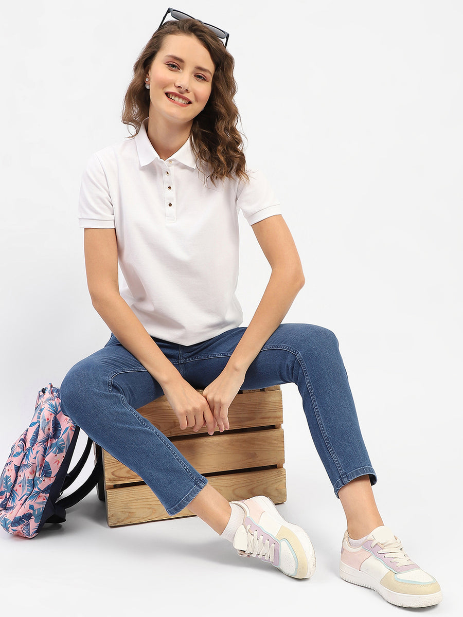 Madame White Polo Neck Solid Cotton T-Shirt