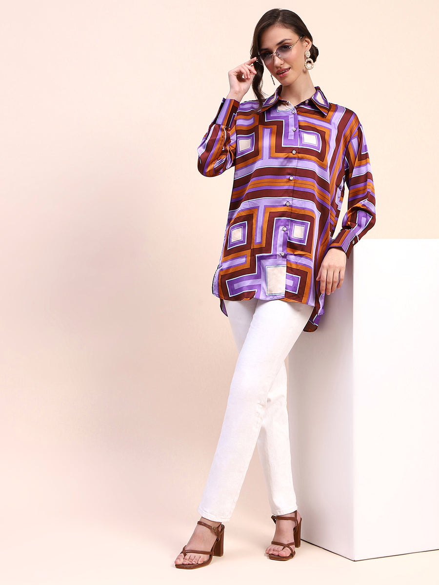 Camla Barcelona Geometric Print Cuff Sleeve Purple Shirt