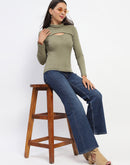 Madame Chest Cutout Green Ribbed Hi Neck Top