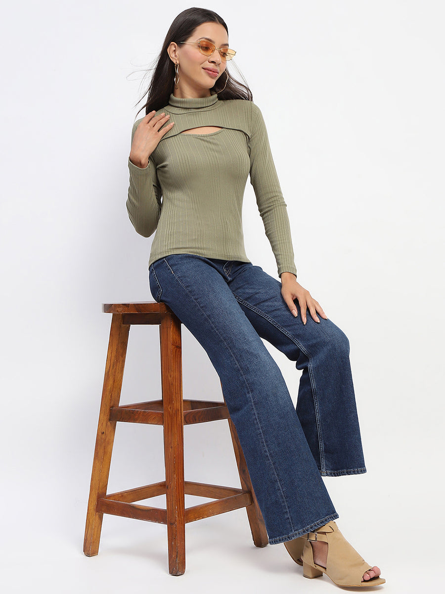 Madame Chest Cutout Green Ribbed Hi Neck Top