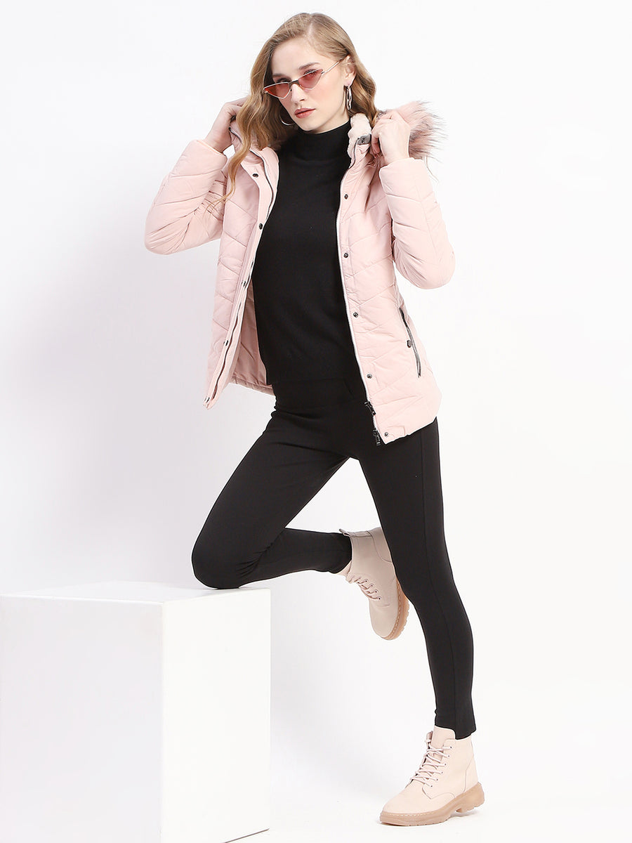 Madame Light Pink Faux Fur Hood Quilted Puffer Jacket