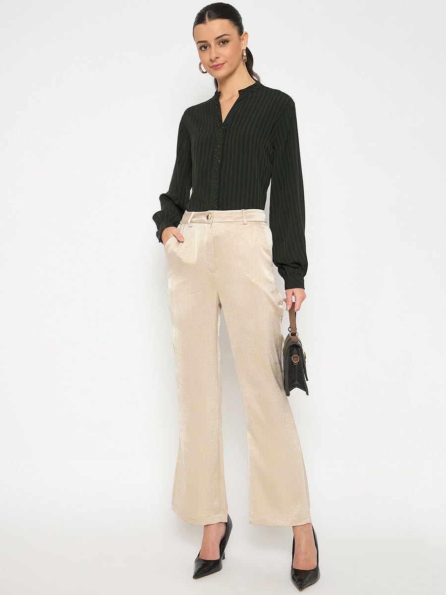 Madame Straight Fit Solid Beige Trousers