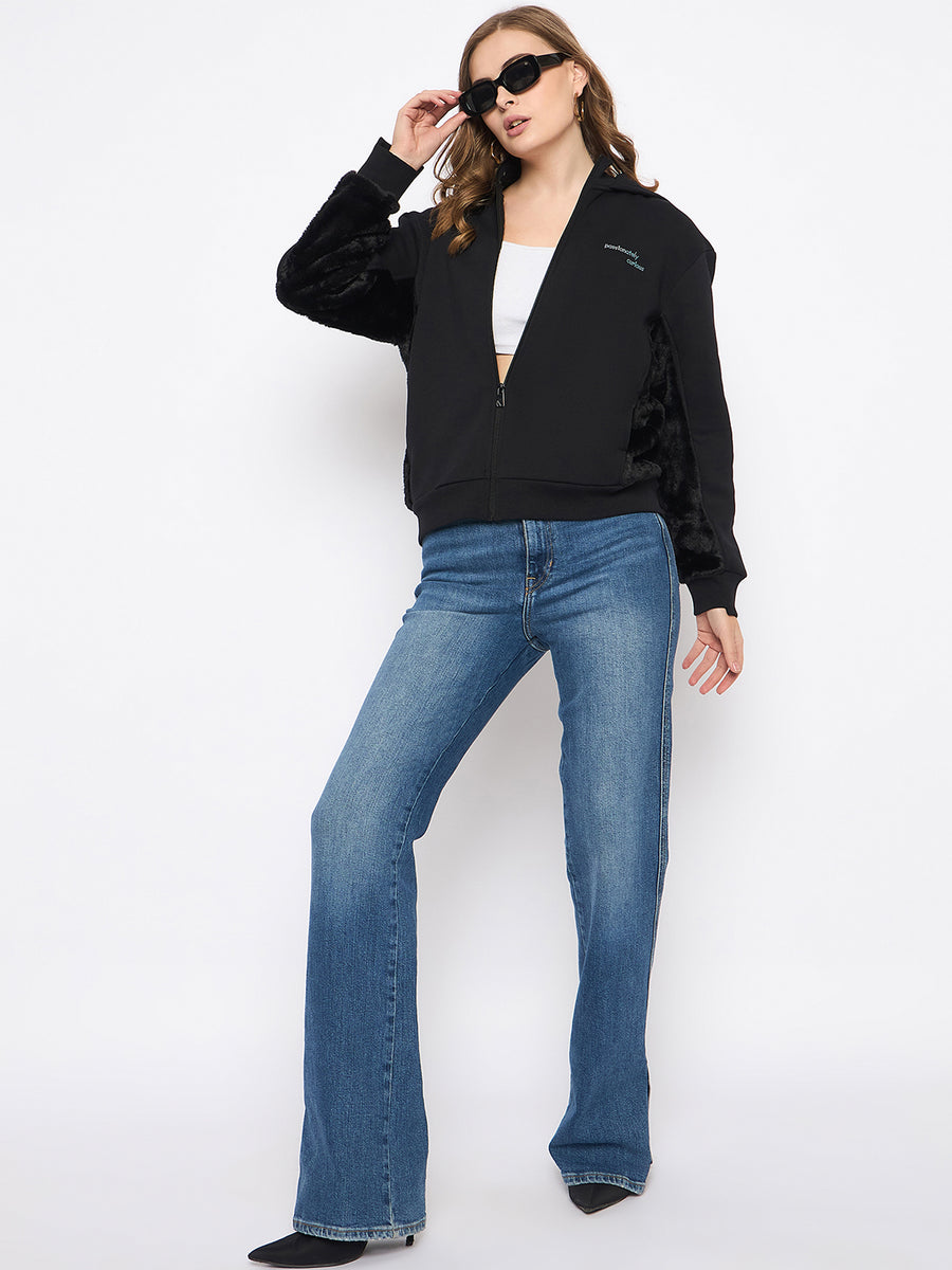 Madame Placement Print with Cut & Sew Fur Black Zipped Sweatshirt