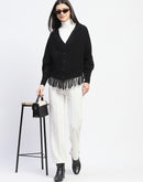 Madame Fringe Detailed Button Down Black Sweater