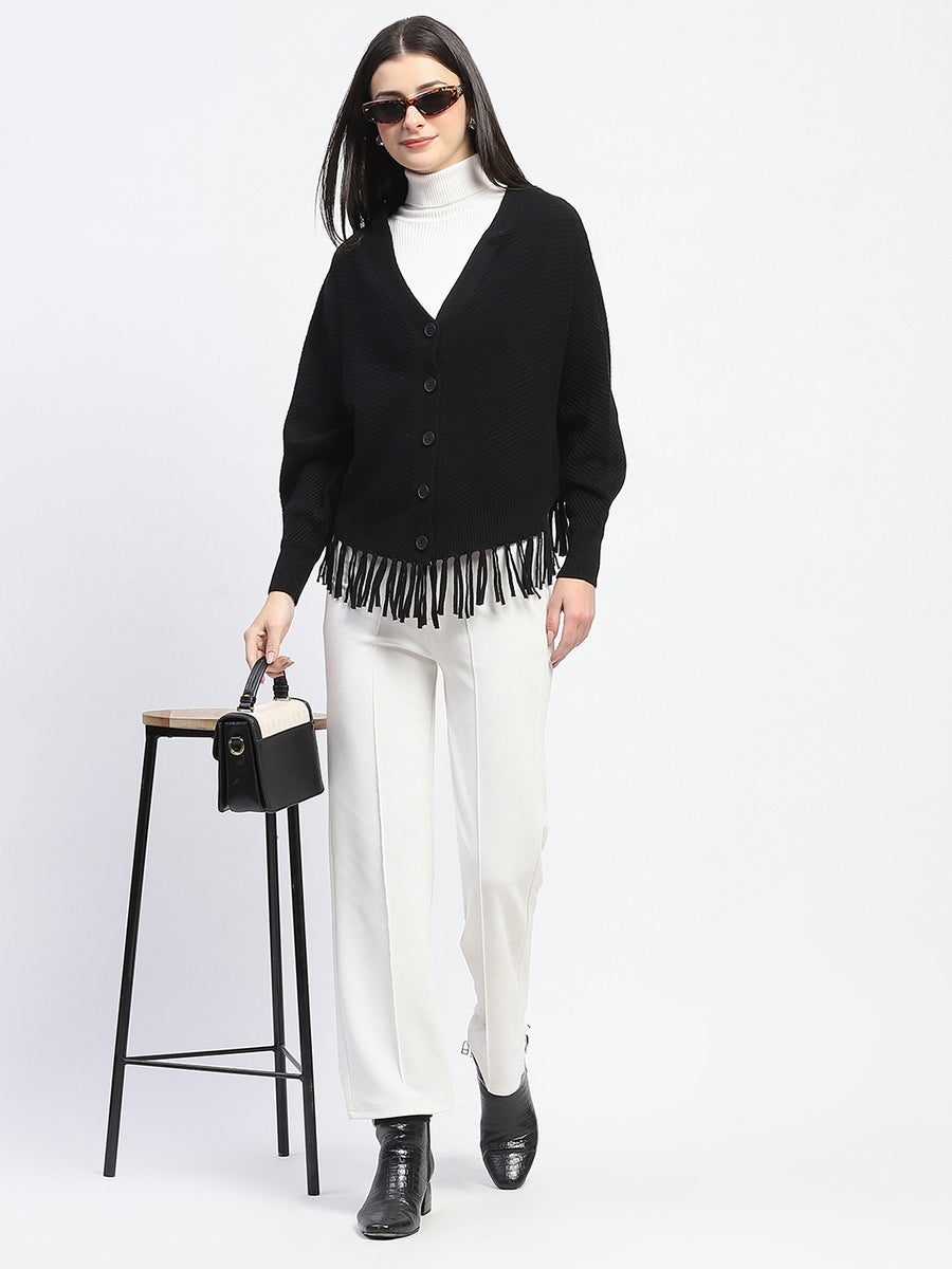 Madame Fringe Detailed Button Down Black Sweater