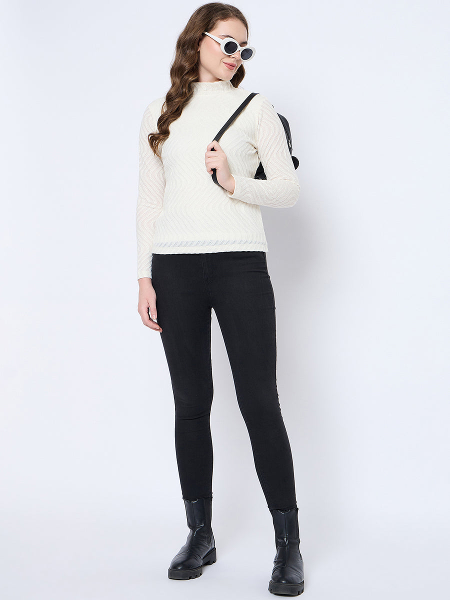 Madame Textured Mock Neck Solid Off White Top