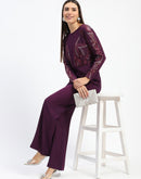 Madame Plum Embellished Mesh Wine Jumpsuit with Long Sleeves