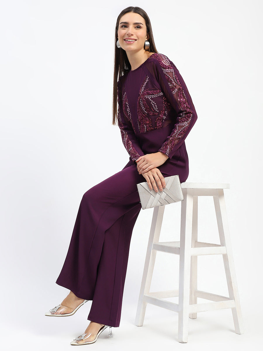 Madame Plum Embellished Mesh Wine Jumpsuit with Long Sleeves