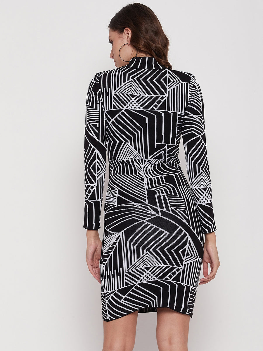 Madame Black Printed Turtleneck Bodycon Dress