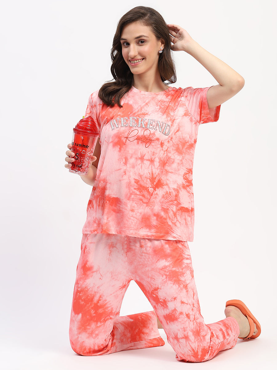 mSECRET Tie Dye Coral Typography Print Two Piece Night Suit