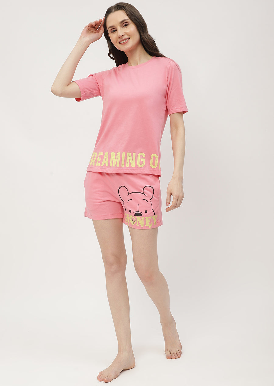 mSECRET Disney Pooh Printed T-shirt with Shorts Pink Nightsuit