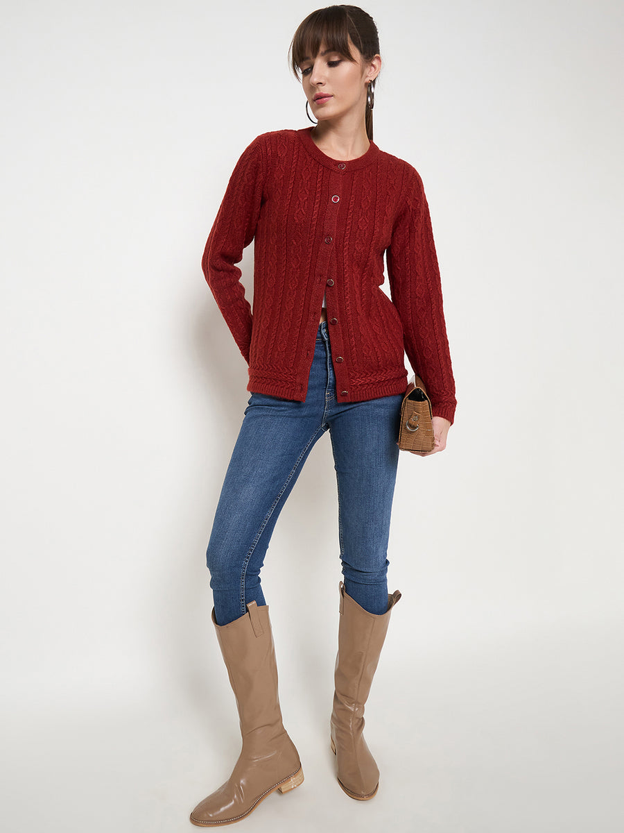 Madame Self Design Crew Neck Rust Cardigan