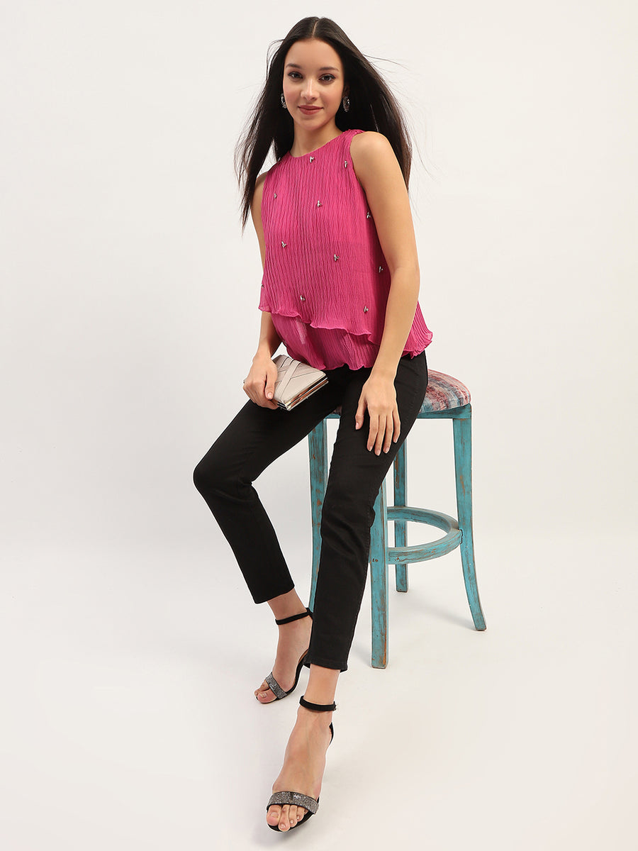 Madame Double Hem Embellished Pink Top