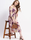 Madame Empire Waist Floral Print Beige Cotton Midi Dress