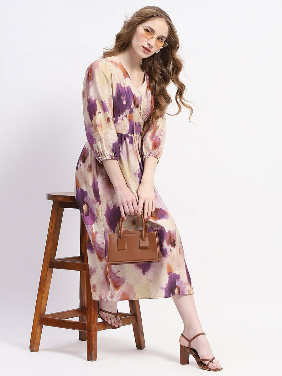 Madame Empire Waist Floral Print Beige Cotton Midi Dress