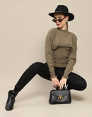 Madame Front Ripped Full Sleeve Olive Sweater