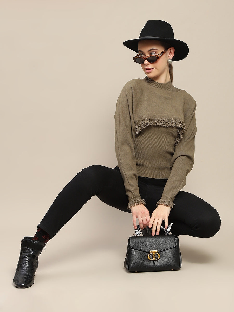 Madame Front Ripped Full Sleeve Olive Sweater