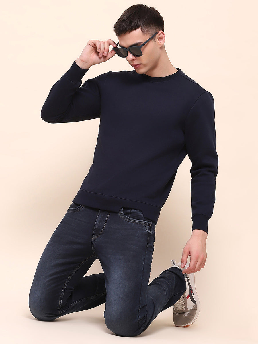 Camla Barcelona Cotton Solid Navy Blue Sweatshirt