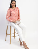 Madame Abstract Print Tie Neck Button Down Peach Top