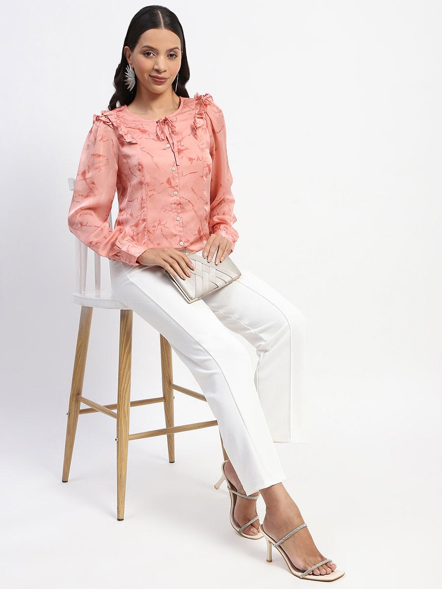 Madame Abstract Print Tie Neck Button Down Peach Top