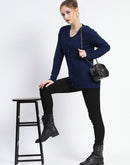 Madame Solid Navy Blue Cable Knit Full Sleeve Cardigan