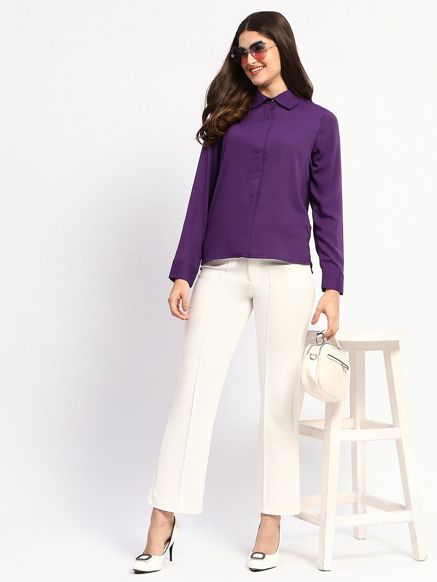 Madame Solid Purple Cuff Sleeve Shirt