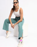 mSECRET Drawstring Waist Pleated Solid Green Bootcut Cotton Track Bottoms