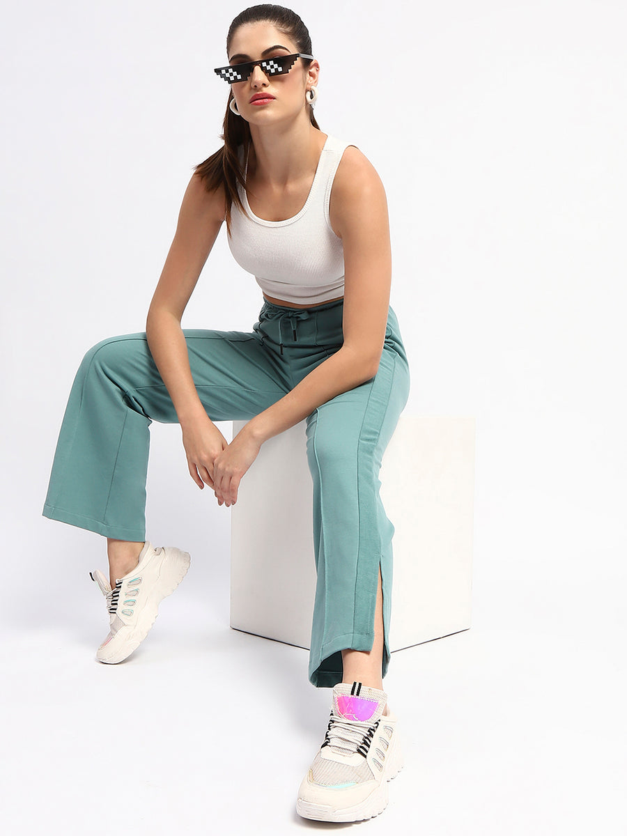 mSECRET Drawstring Waist Pleated Solid Green Bootcut Cotton Track Bottoms