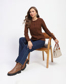 Madame Ribbed Cuff Geometric Pattern Brown Cardigan