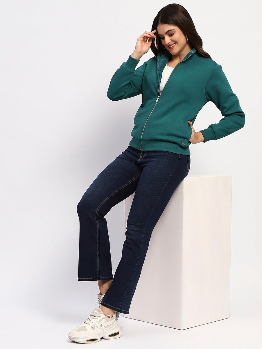 Madame Teal Grab Full-Zip Cotton High Collar Sweatshirt