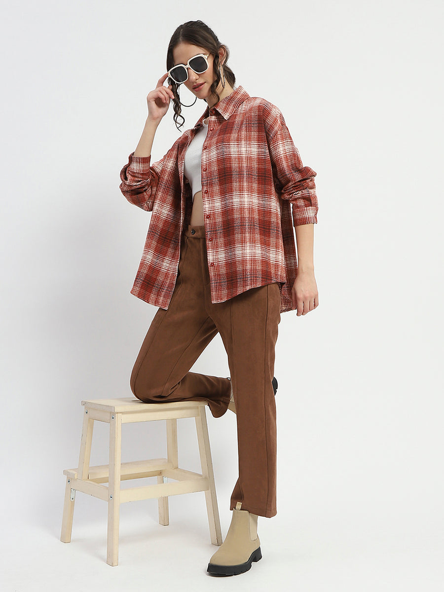 Madame Chequered Long Sleeved Cotton Brown Shirt