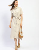 Madame Viscose Blend Belted Button Down Beige Shirt Dress