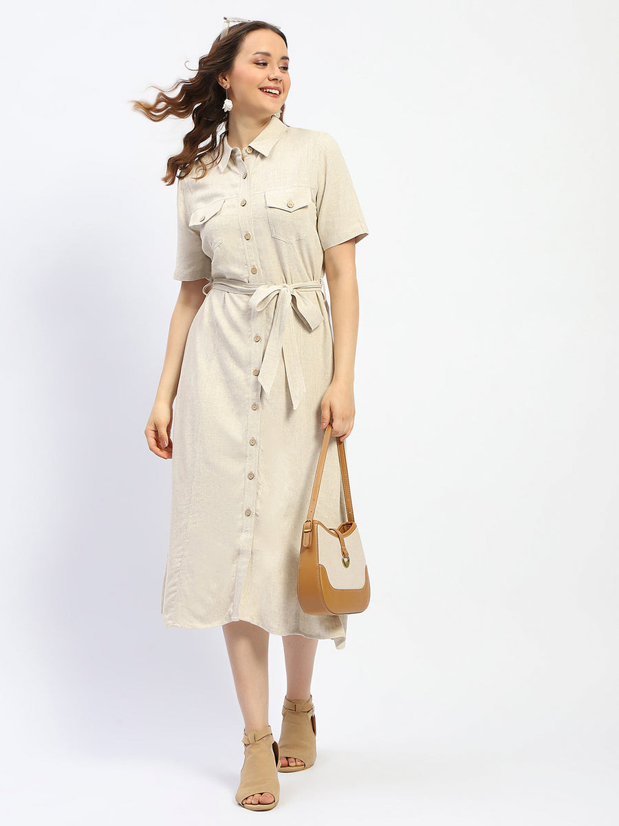 Madame Viscose Blend Belted Button Down Beige Shirt Dress