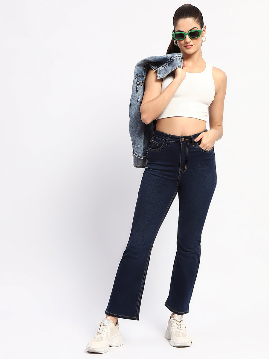 Madame Solid Blue Flared Fit Denim