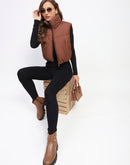 Madame High Neck Sleeveless Brown Crop Puffer Jacket