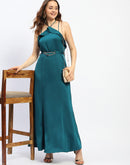 Madame Halter Neck Metal Accented Belt Teal Maxi Dress