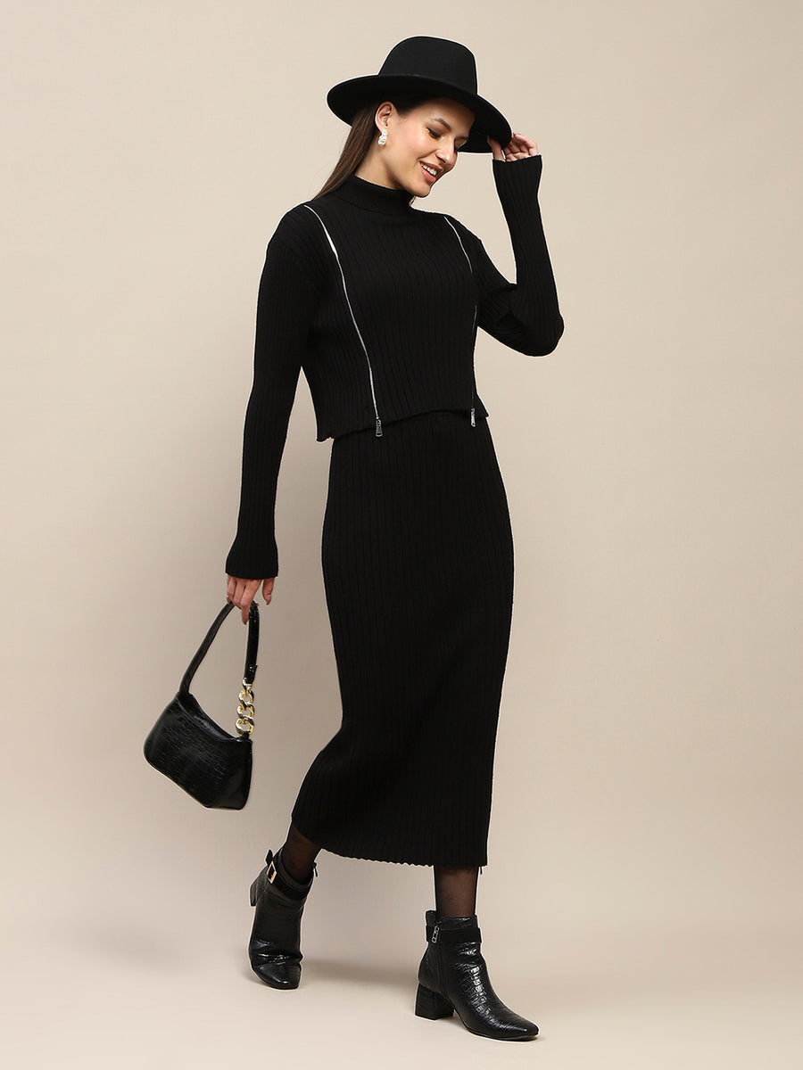 Madame Zip Detailed Top and Skirt Black Ensemble