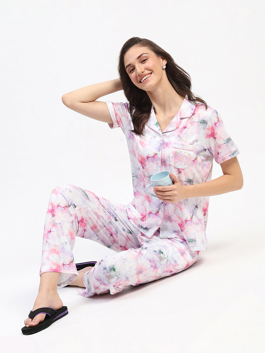 mSECRET Pink Tie-Dye Button-Down Pajama Set with Collared Shirt